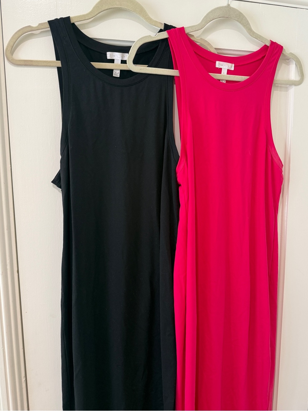 2 LUSH hot pink black racerback bodycon midi dresses